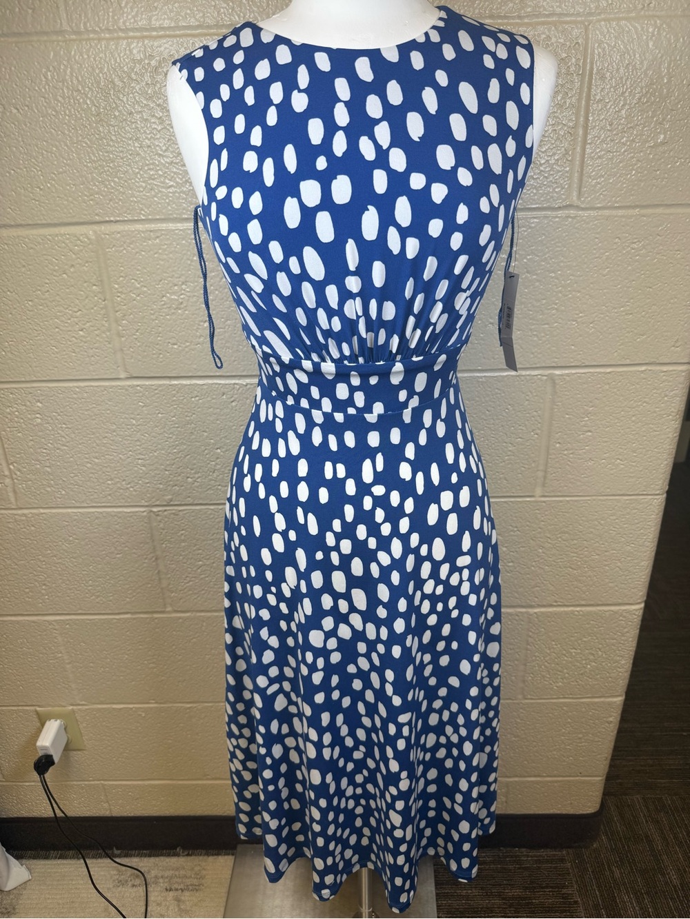 Maggy London Blue and White Sleeveless Maxi Dress with Dot Print